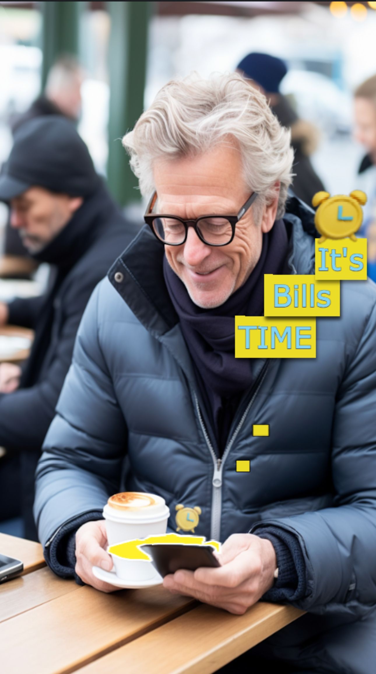 Happy man with phone and coffee